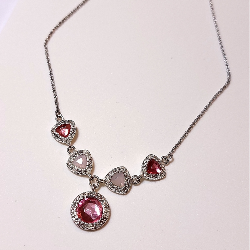 Avon Legacy Riches Necklace Silver Tone Faux Clear and Opalescent Pink Stones